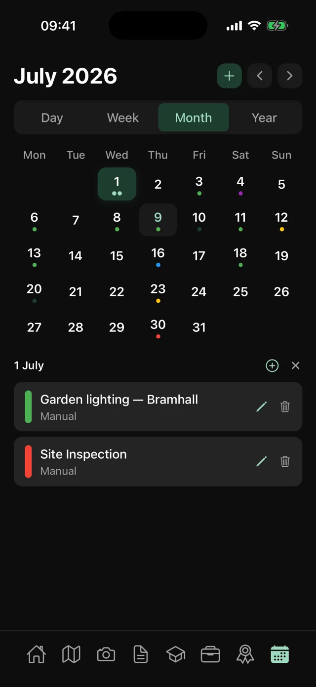 Trace CV calendar in month view with job events like garden lighting and a site inspection