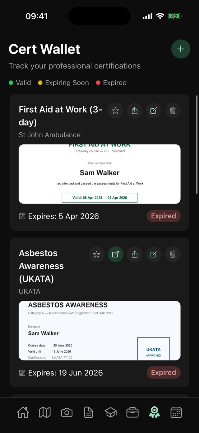 Trace CV Cert Wallet showing scanned certificates with expiry status badges — valid, expiring soon and expired