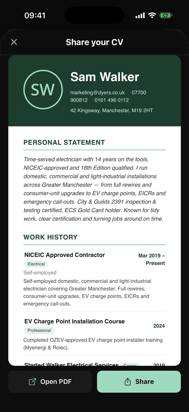 Trace CV generated CV for Sam Walker, an electrician — personal statement, work history and certifications assembled automatically