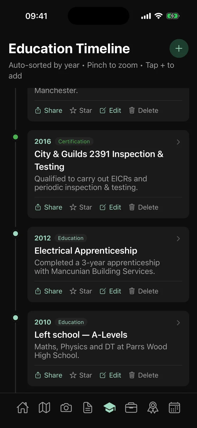 Trace CV Education timeline showing qualifications from A-Levels through apprenticeship to City & Guilds inspection and testing