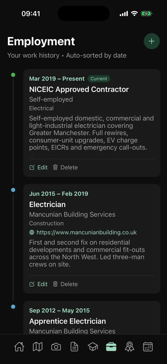 Trace CV Employment timeline showing a career from apprentice to self-employed NICEIC approved contractor