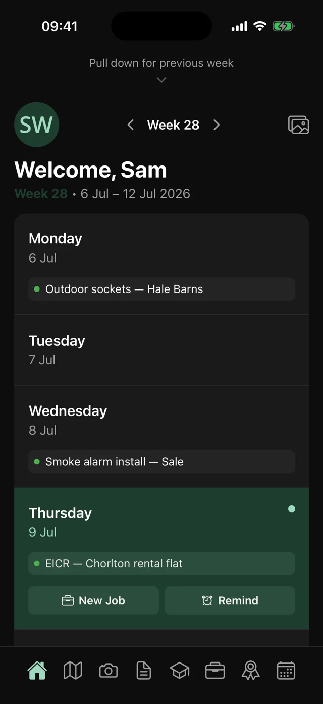 Trace CV home dashboard greeting Sam with this week's jobs and reminders in a single panel