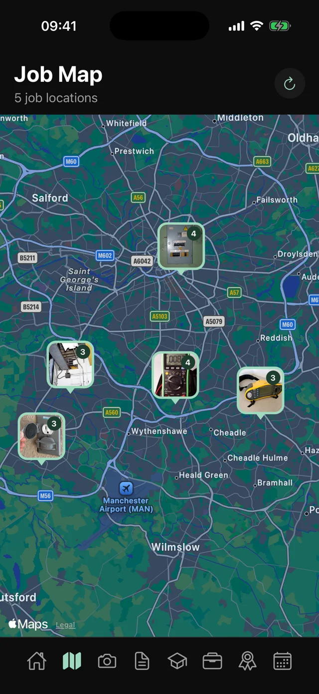 Trace CV Job Map showing five job locations around Manchester, each pinned with a photo of the work done there
