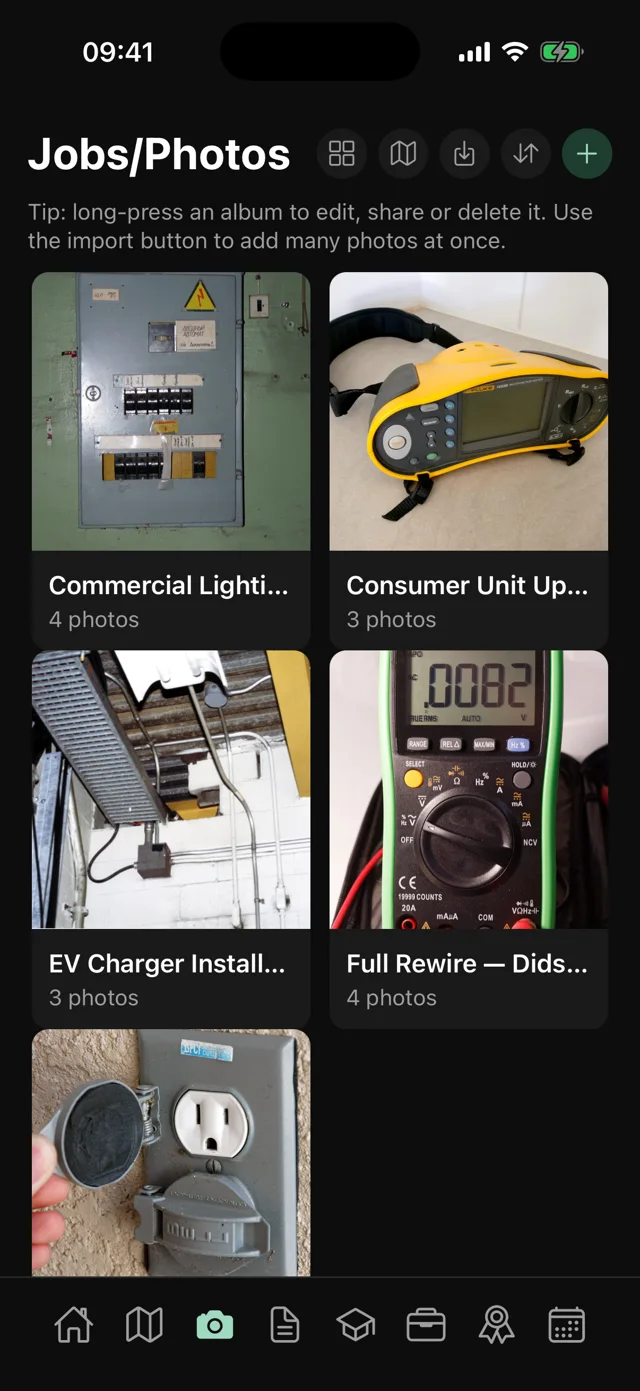 Trace CV Jobs and Photos tab showing albums of real work: commercial lighting, consumer unit upgrade, EV charger install and a full rewire